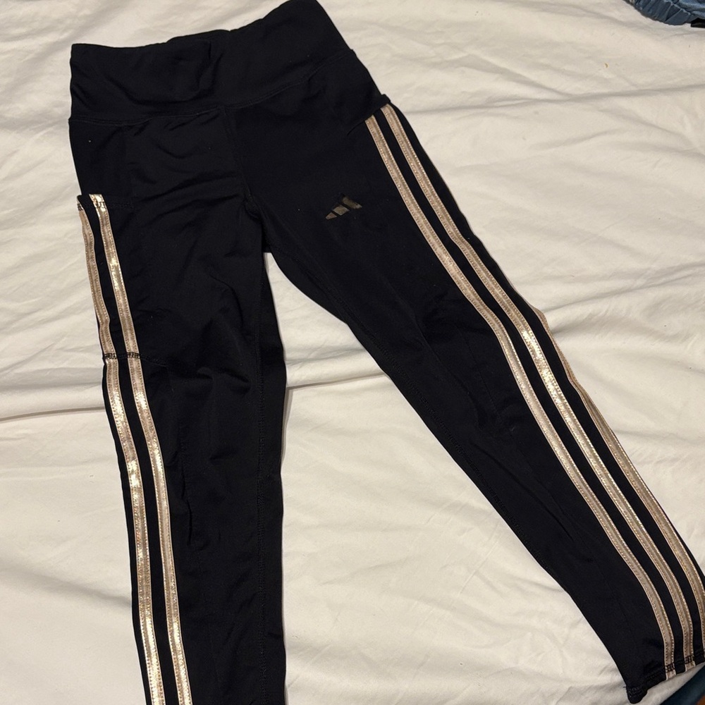 Adidas Kids Black Leggings with Metallic Stripes